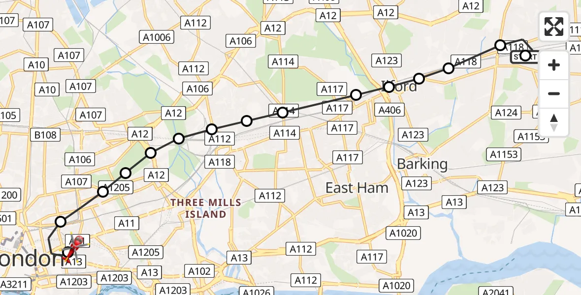 Flight route Air Ambulance Helicopter Chadwell Heath - Royal London Hospital, 13 July 2026, 10:01
