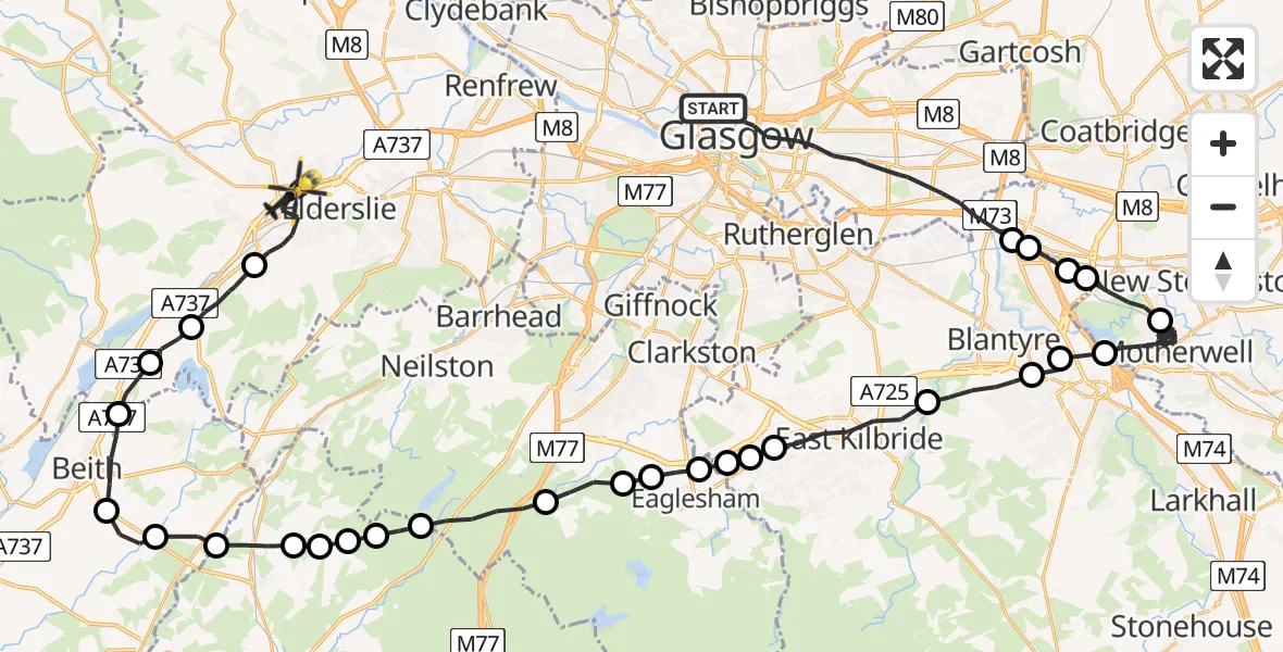 Flight route Police Helicopter Glasgow - Johnstone, 13 July 2026, 10:04