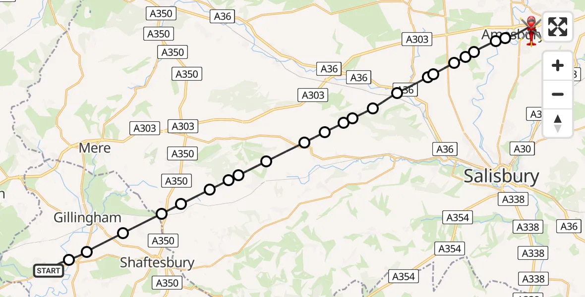Flight route Air Ambulance Helicopter West Stour - Amesbury, 13 July 2026, 10:06