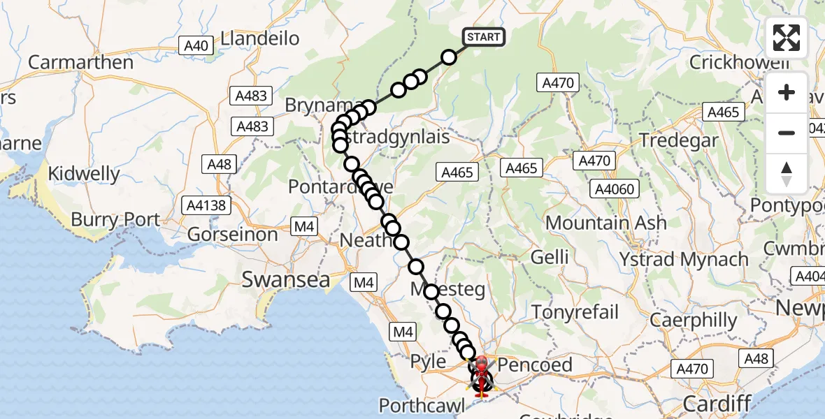 Flight route Air Ambulance Helicopter Cray - Bryntirion, 13 July 2026, 10:12
