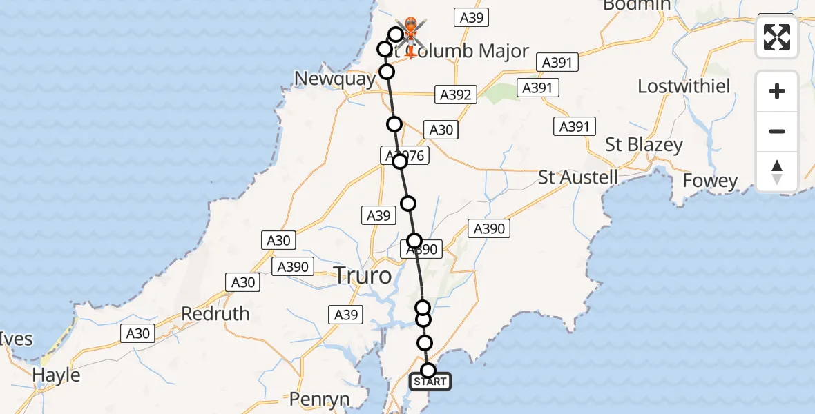 Flight route Coastguard Helicopter Portscatho - Cornwall Airport Newquay, 13 July 2026, 10:19