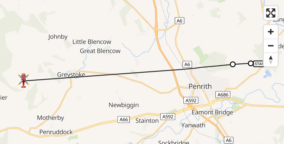 Flight route Air Ambulance Helicopter Penrith - Greystoke, 13 July 2026, 10:19