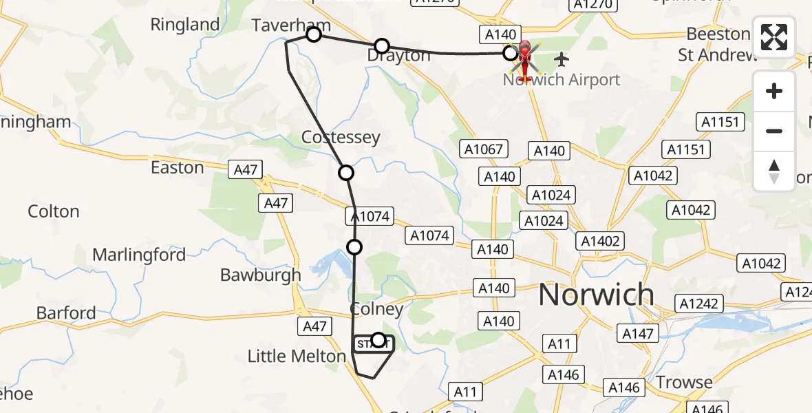 Flight route Air Ambulance Helicopter Norfolk & Norwich Hospital - Norwich Airport, 13 July 2026, 10:25