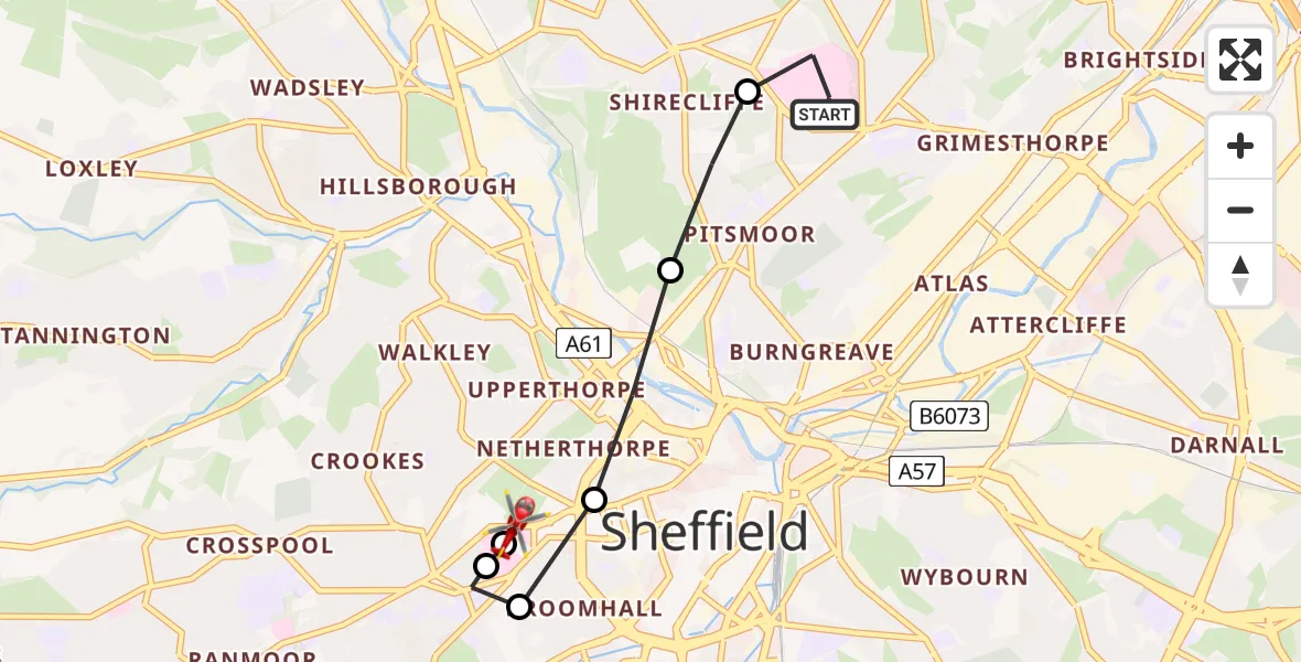 Flight route Air Ambulance Helicopter Sheffield Northern Hospital - Sheffield Childrens Hospital, 13 July 2026, 10:27