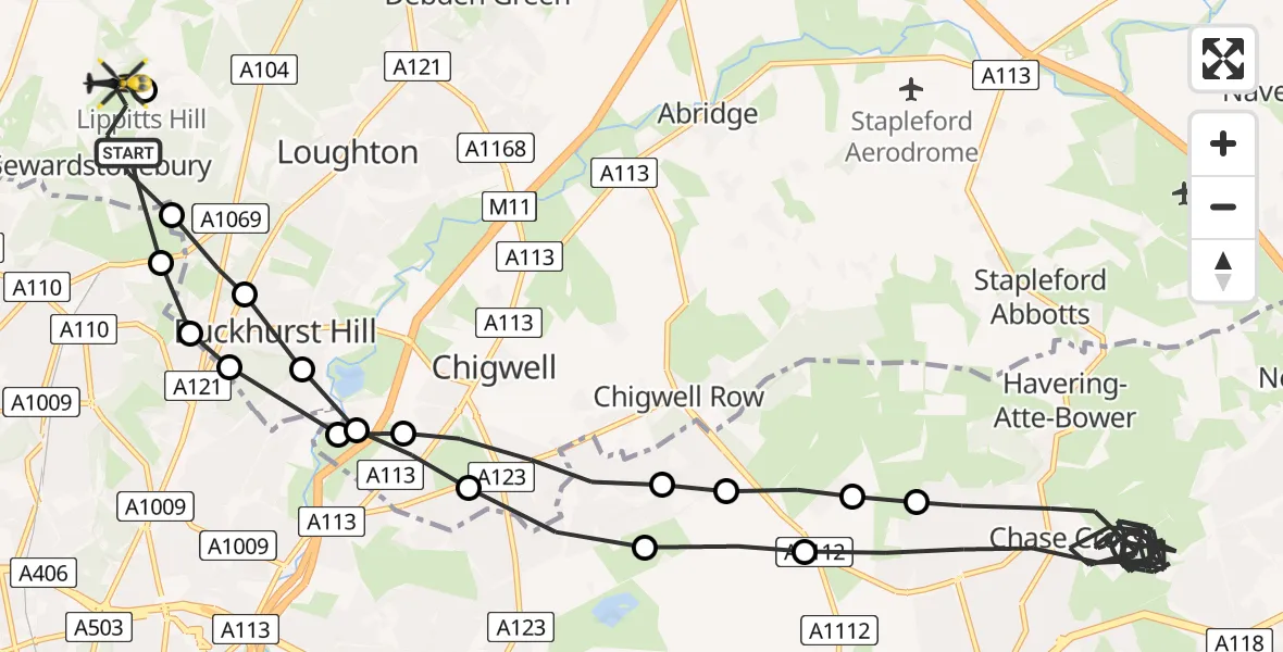 Flight route Police Helicopter Sewardstonebury - Sewardstonebury, 13 July 2026, 10:31