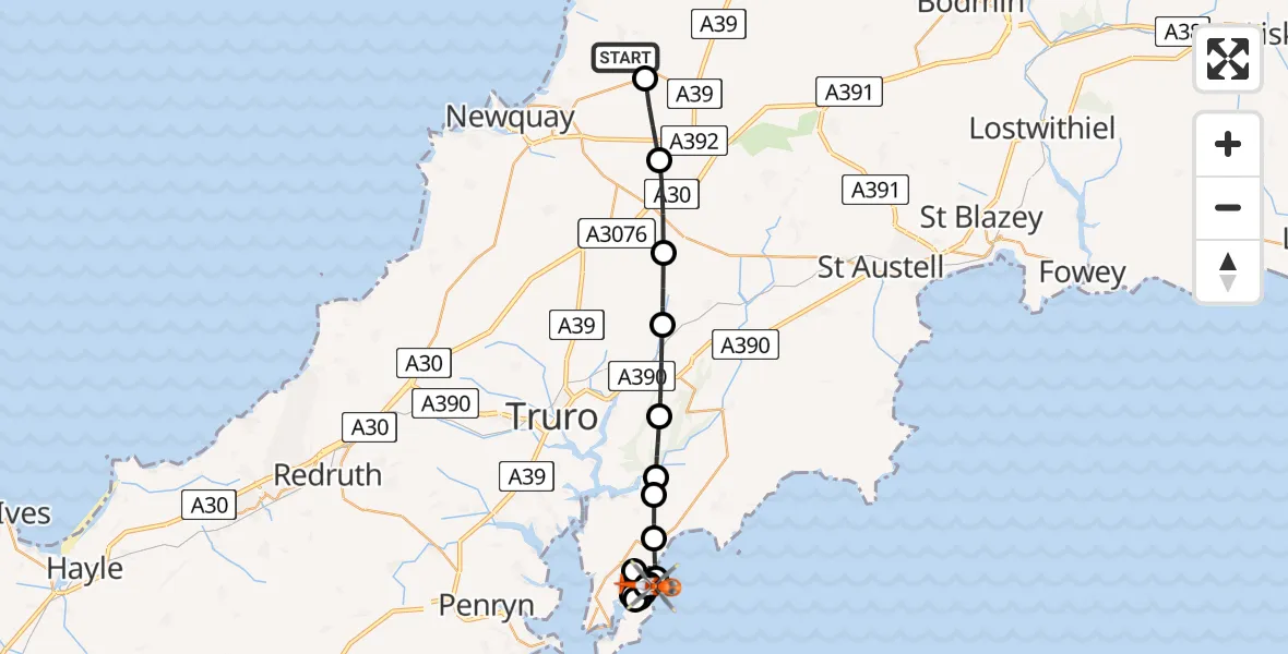 Flight route Coastguard Helicopter Cornwall Airport Newquay - Portscatho, 13 July 2026, 10:32
