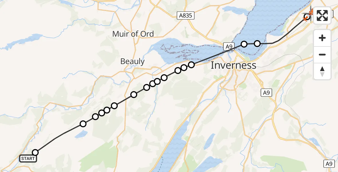 Flight route Coastguard Helicopter Struy - Inverness Airport, 13 July 2026, 10:40