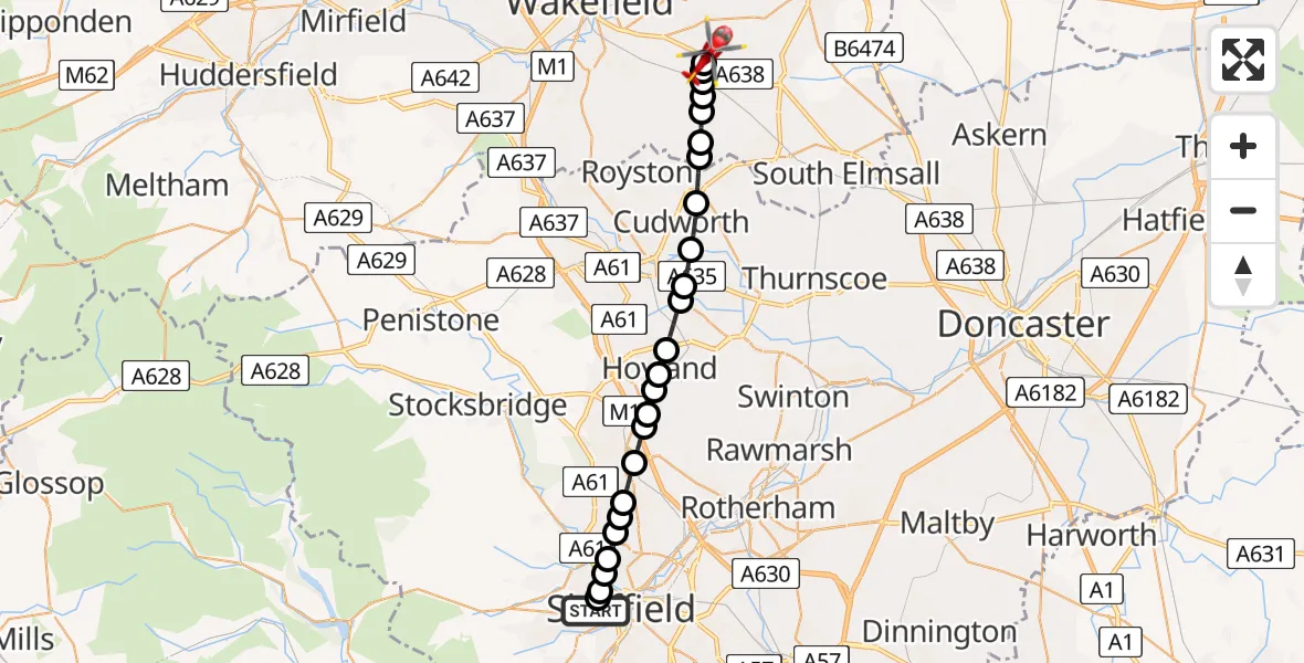 Flight route Air Ambulance Helicopter Sheffield Childrens Hospital - YAA Nostell Helicopter Port, 13 July 2026, 10:55
