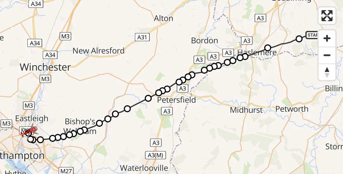 Flight route Air Ambulance Helicopter Dunsfold - Southampton Airport, 13 July 2026, 10:55
