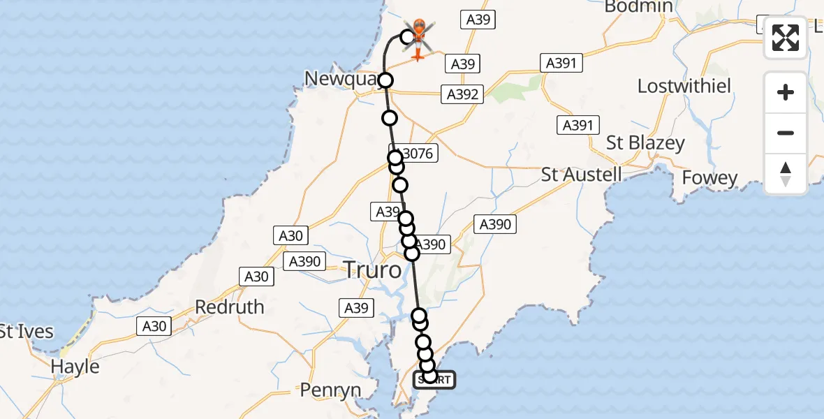 Flight route Coastguard Helicopter Portscatho - Cornwall Airport Newquay, 13 July 2026, 11:03