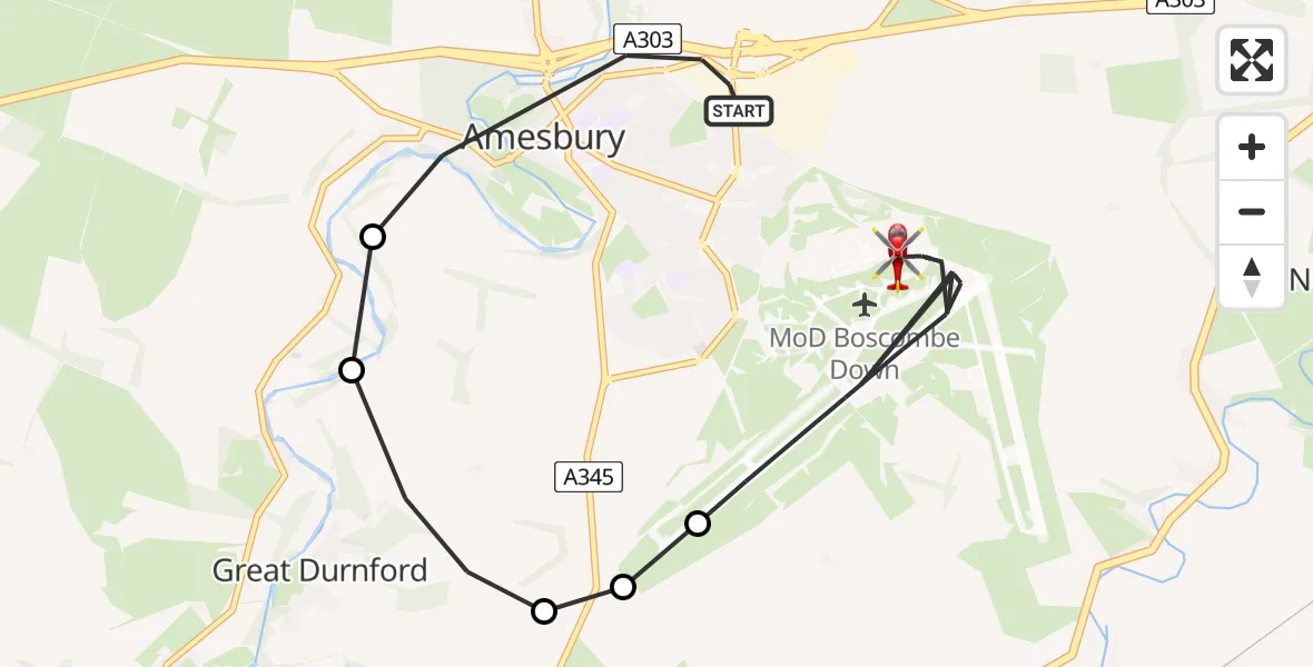 Flight route Air Ambulance Helicopter Amesbury - MoD Boscombe Down, 13 July 2026, 11:09