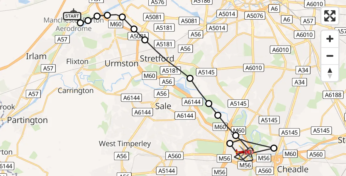 Flight route Air Ambulance Helicopter Manchester Barton Aerodrome - Wythenshawe, 13 July 2026, 11:12