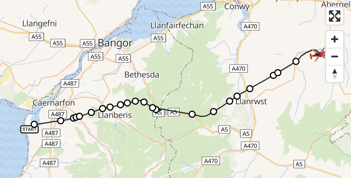 Flight route Air Ambulance Helicopter Caernarfon Airport - Llanfair Talhaearn, 13 July 2026, 11:14
