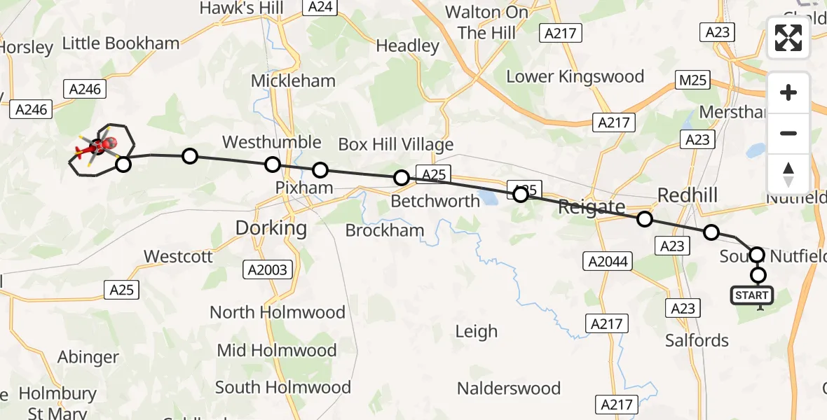 Flight route Air Ambulance Helicopter Redhill Aerodrome - Mole Valley, 13 July 2026, 11:27