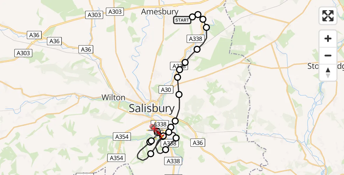 Flight route Air Ambulance Helicopter MoD Boscombe Down - Salisbury District Hospital, 13 July 2026, 11:34