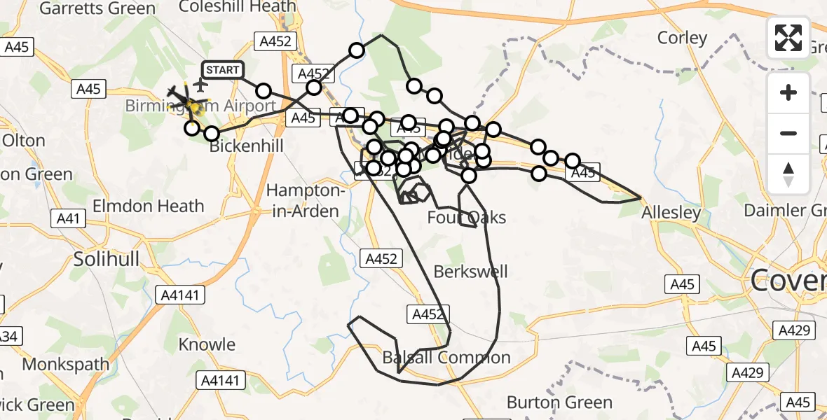 Flight route Police Helicopter Birmingham Airport - Solihull, 13 July 2026, 11:36