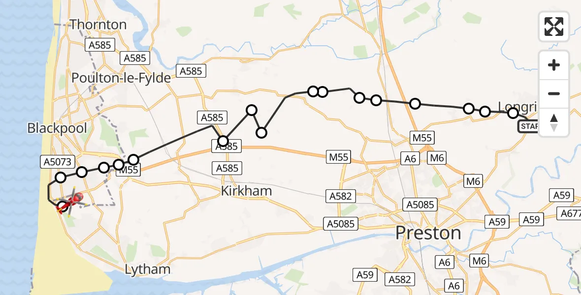Flight route Air Ambulance Helicopter Longridge - Blackpool Airport, 13 July 2026, 11:39