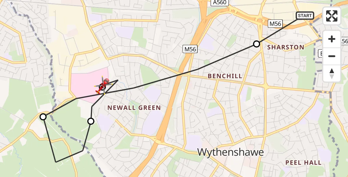 Flight route Air Ambulance Helicopter Wythenshawe - Wythenshawe Hospital Helipad, 13 July 2026, 11:44