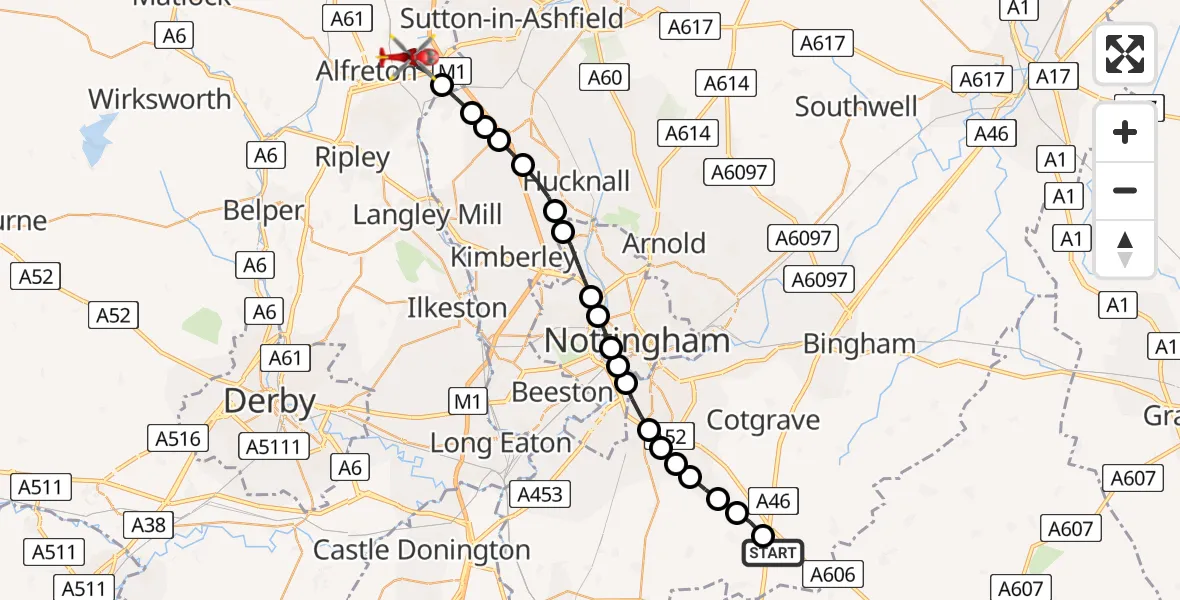 Flight route Air Ambulance Helicopter Nottingham Heliport - Bolsover, 13 July 2026, 11:44