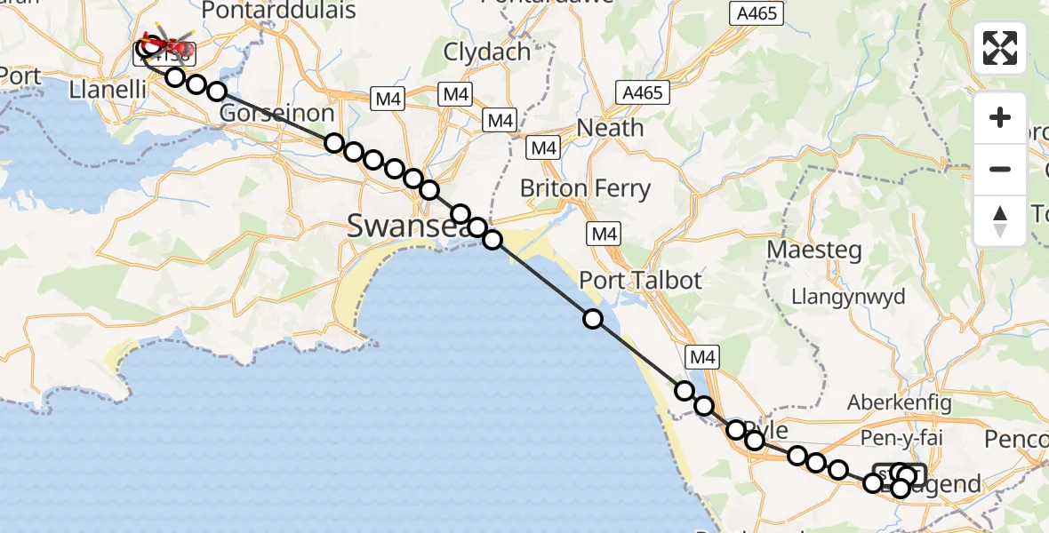 Flight route Air Ambulance Helicopter Cefn Glas - Dafen, 13 July 2026, 11:46