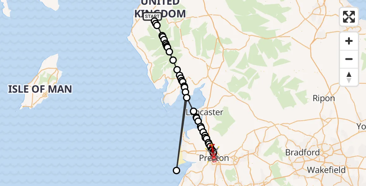Flight route Air Ambulance Helicopter Cockermouth - Preston, 13 July 2026, 11:47