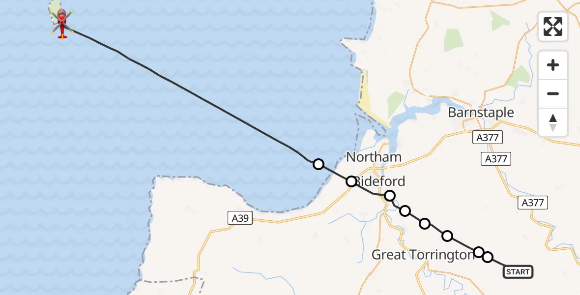 Flight route Air Ambulance Helicopter Roborough - Bristol Channel, 13 July 2026, 12:03