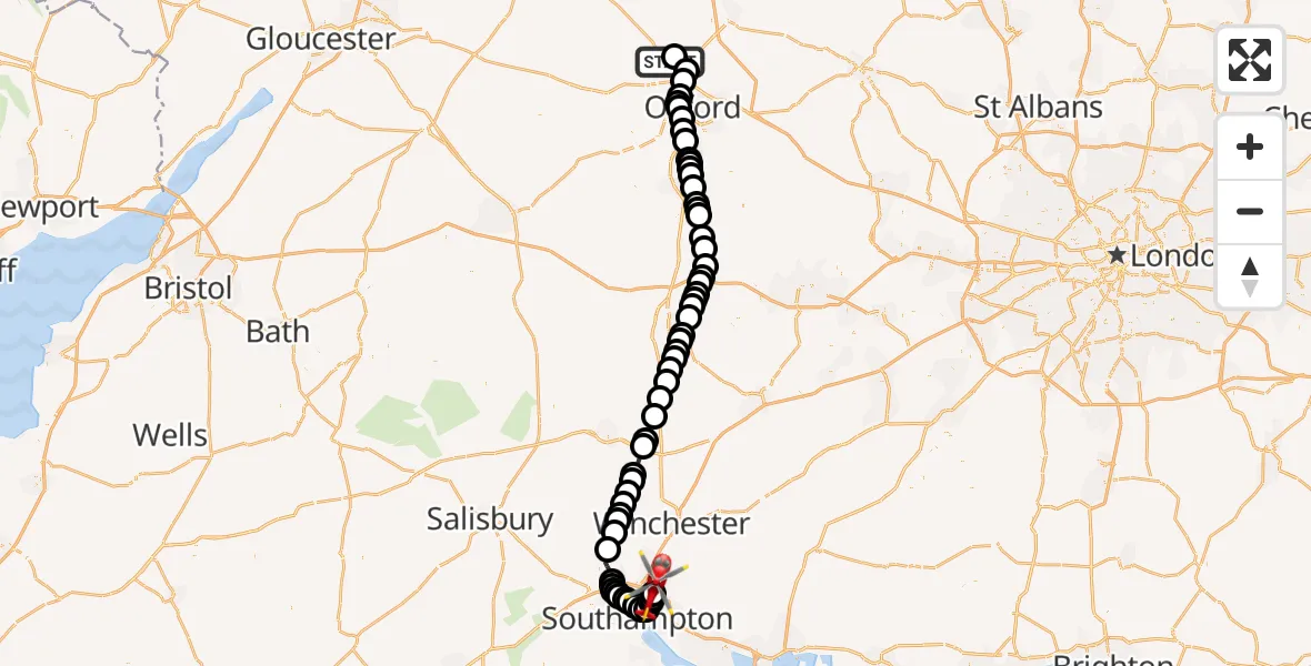 Flight route Air Ambulance Helicopter London Oxford Airport - Southampton Airport, 13 July 2026, 12:09