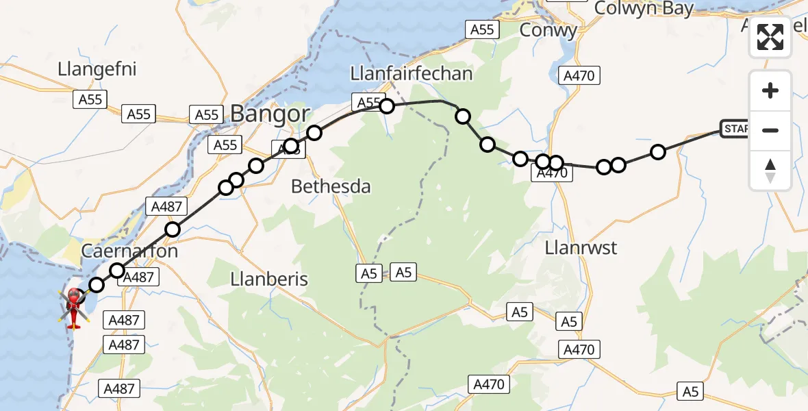 Flight route Air Ambulance Helicopter Llanfair Talhaearn - Caernarfon Airport, 13 July 2026, 12:09