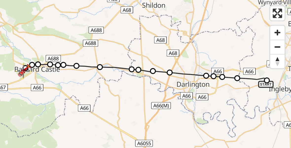 Flight route Air Ambulance Helicopter Egglescliffe - Lartington, 13 July 2026, 12:13
