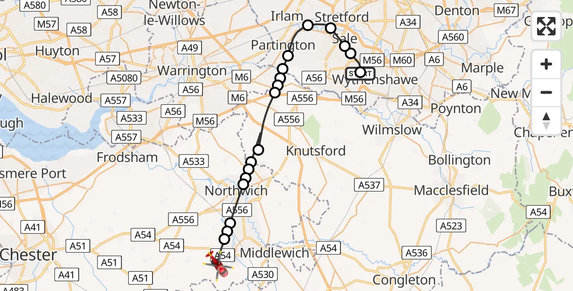 Flight route Air Ambulance Helicopter Wythenshawe Hospital Helipad - Winsford, 13 July 2026, 12:18