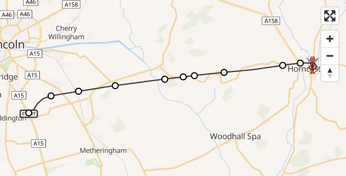 Flight route Air Ambulance Helicopter RAF Waddington - Horncastle, 13 July 2026, 12:20