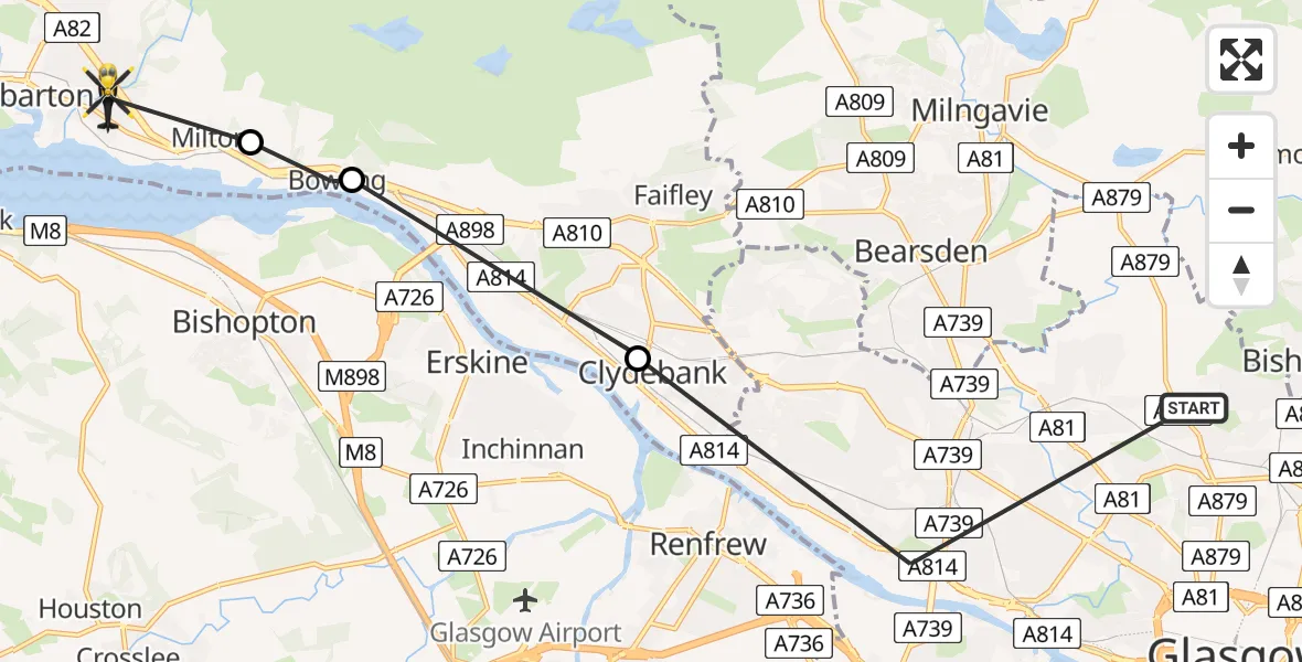 Flight route Police Helicopter Glasgow - Dumbarton, 13 July 2026, 12:23