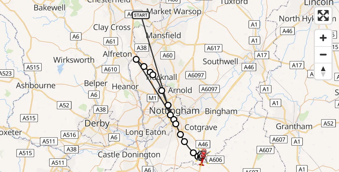 Flight route Air Ambulance Helicopter Bolsover - Widmerpool, 13 July 2026, 12:25