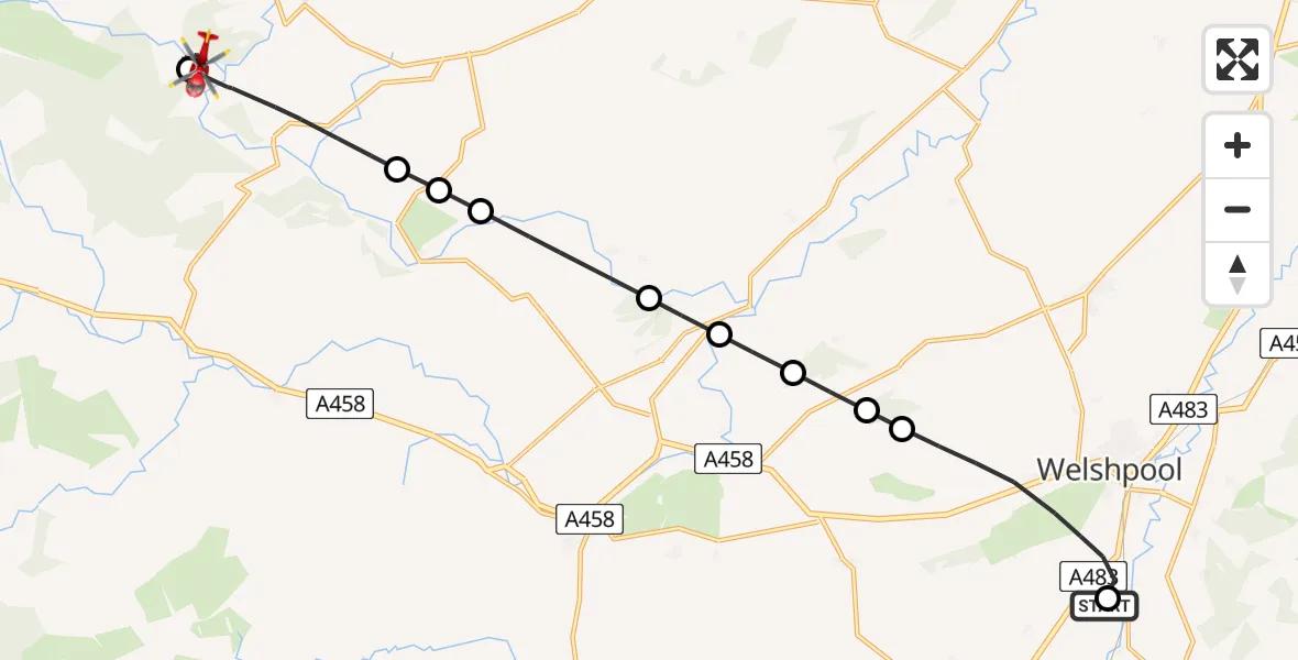 Flight route Air Ambulance Helicopter Welshpool Airport - Llanwddyn, 13 July 2026, 12:32
