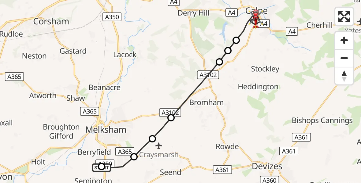 Flight route Air Ambulance Helicopter Wiltshire Air Ambulance - Calne, 13 July 2026, 12:40