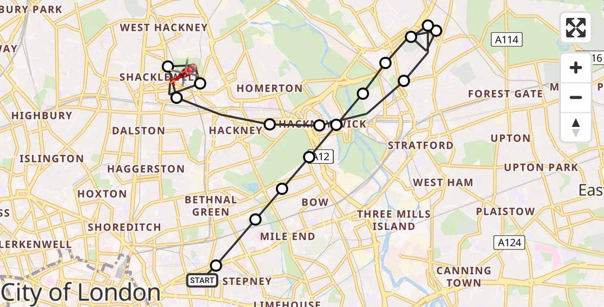 Flight route Air Ambulance Helicopter Royal London Hospital - Shacklewell, 13 July 2026, 12:51