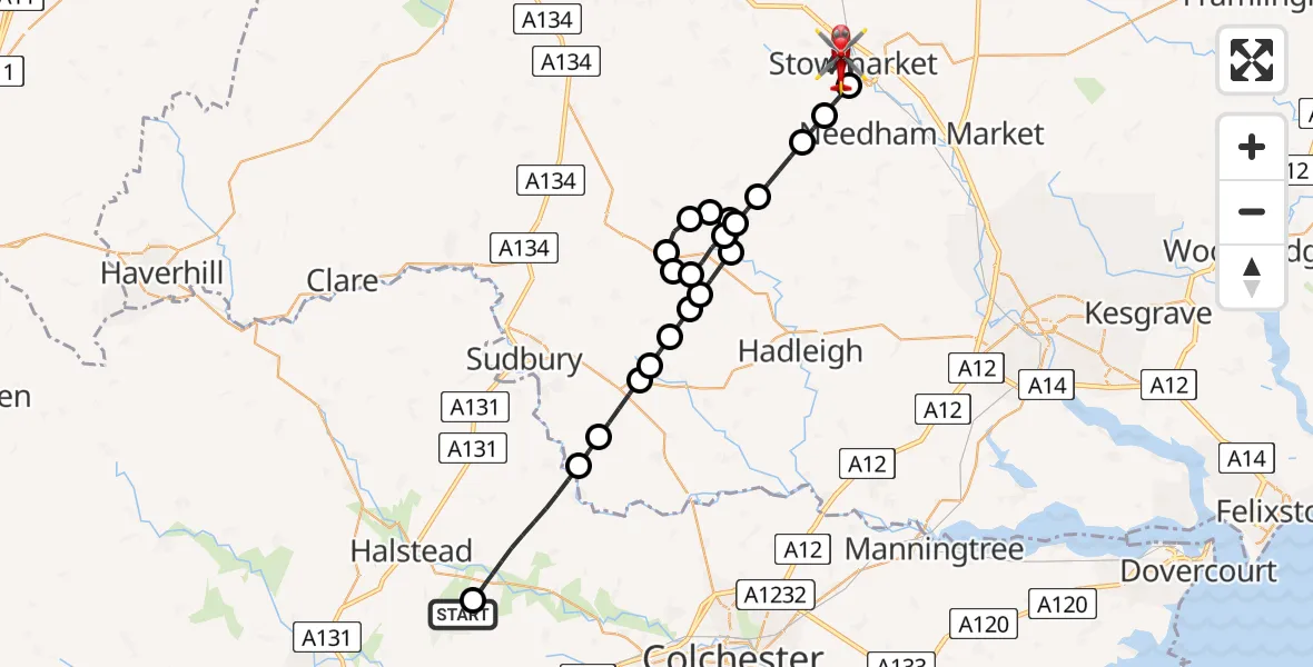 Flight route Air Ambulance Helicopter Earls Colne Airfield - Stowmarket, 13 July 2026, 12:51