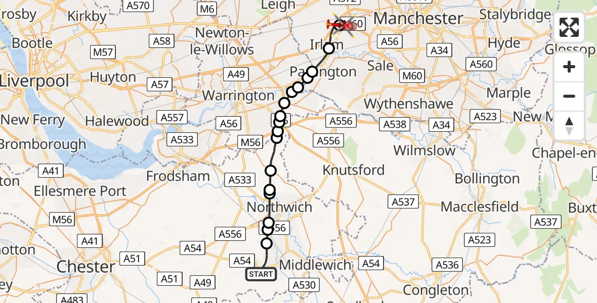 Flight route Air Ambulance Helicopter Winsford - Manchester Barton Aerodrome, 13 July 2026, 12:52