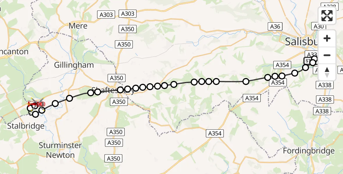 Flight route Air Ambulance Helicopter Salisbury District Hospital - Henstridge Airfield, 13 July 2026, 12:53