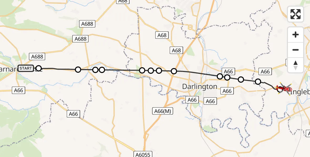 Flight route Air Ambulance Helicopter Barnard Castle - Egglescliffe, 13 July 2026, 12:57