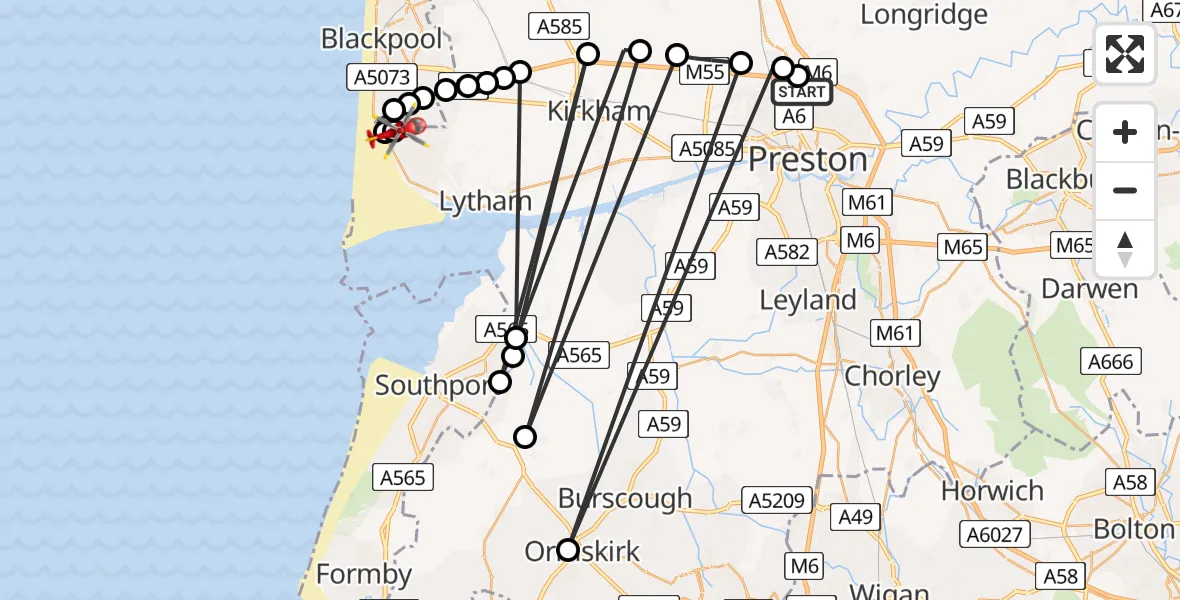 Flight route Air Ambulance Helicopter Royal Preston - Blackpool Airport, 13 July 2026, 13:00