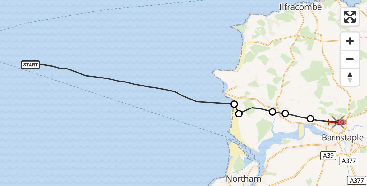 Flight route Air Ambulance Helicopter Bristol Channel - North Devon, 13 July 2026, 13:04