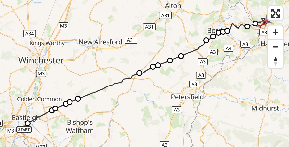 Flight route Air Ambulance Helicopter Southampton Airport - Haslemere, 13 July 2026, 13:05