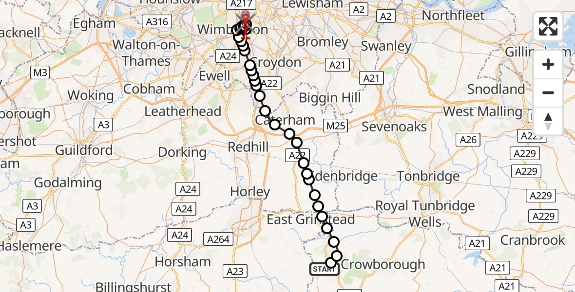 Flight route Air Ambulance Helicopter Chelwood Gate - St Georges Hospital, 13 July 2026, 13:09