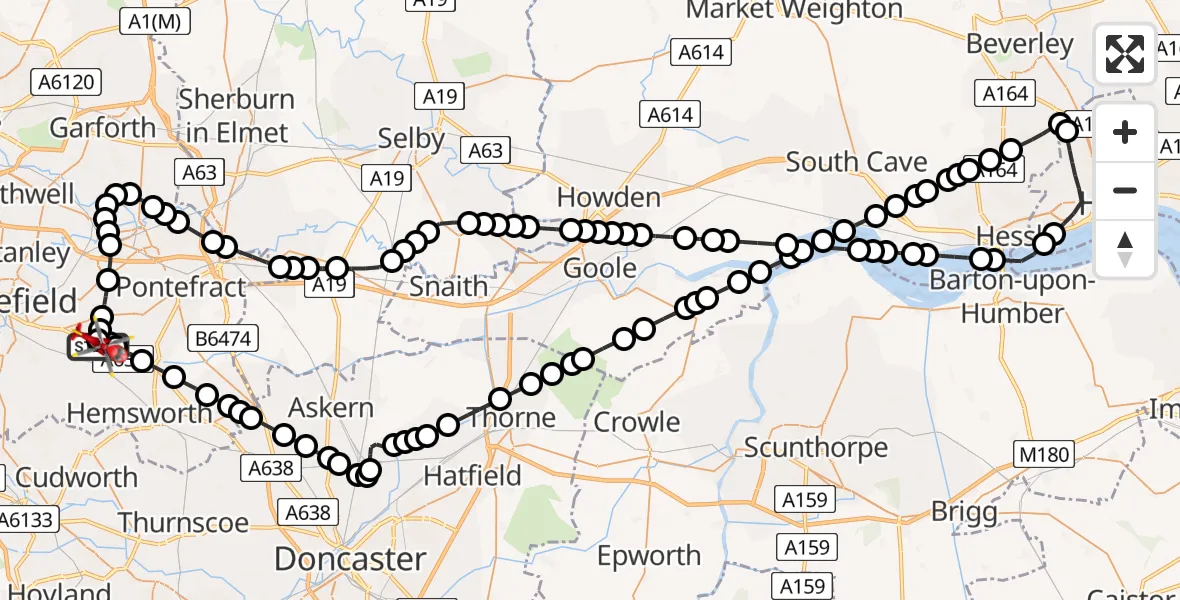 Flight route Air Ambulance Helicopter YAA Nostell Helicopter Port - YAA Nostell Helicopter Port, 13 July 2026, 13:19