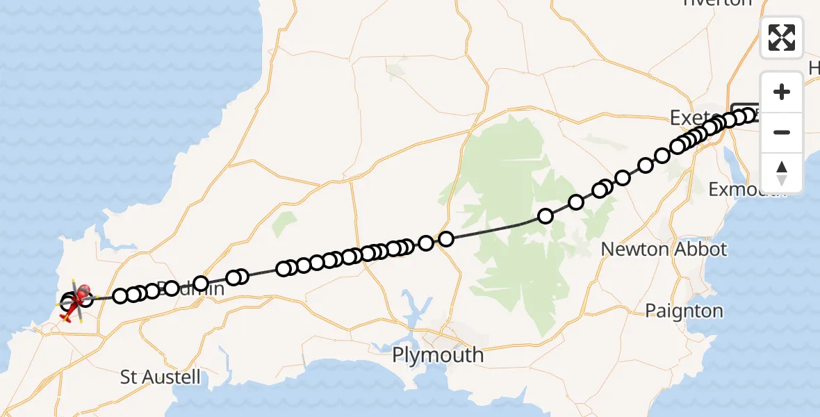 Flight route Air Ambulance Helicopter Exeter International Airport - Cornwall Airport Newquay, 13 July 2026, 13:22
