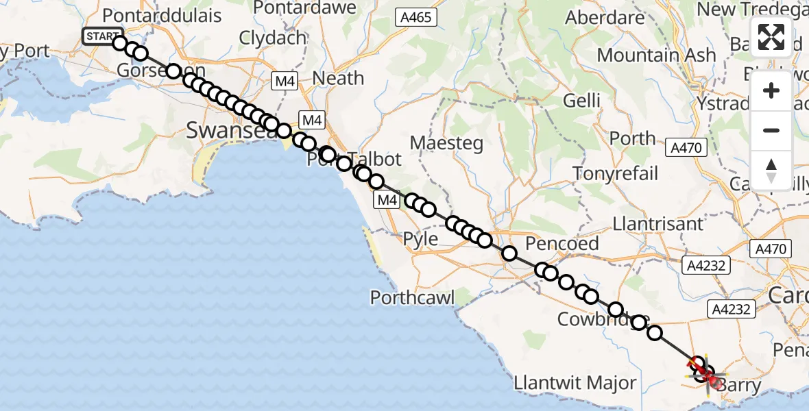 Flight route Air Ambulance Helicopter Dafen - Barry, 13 July 2026, 13:28