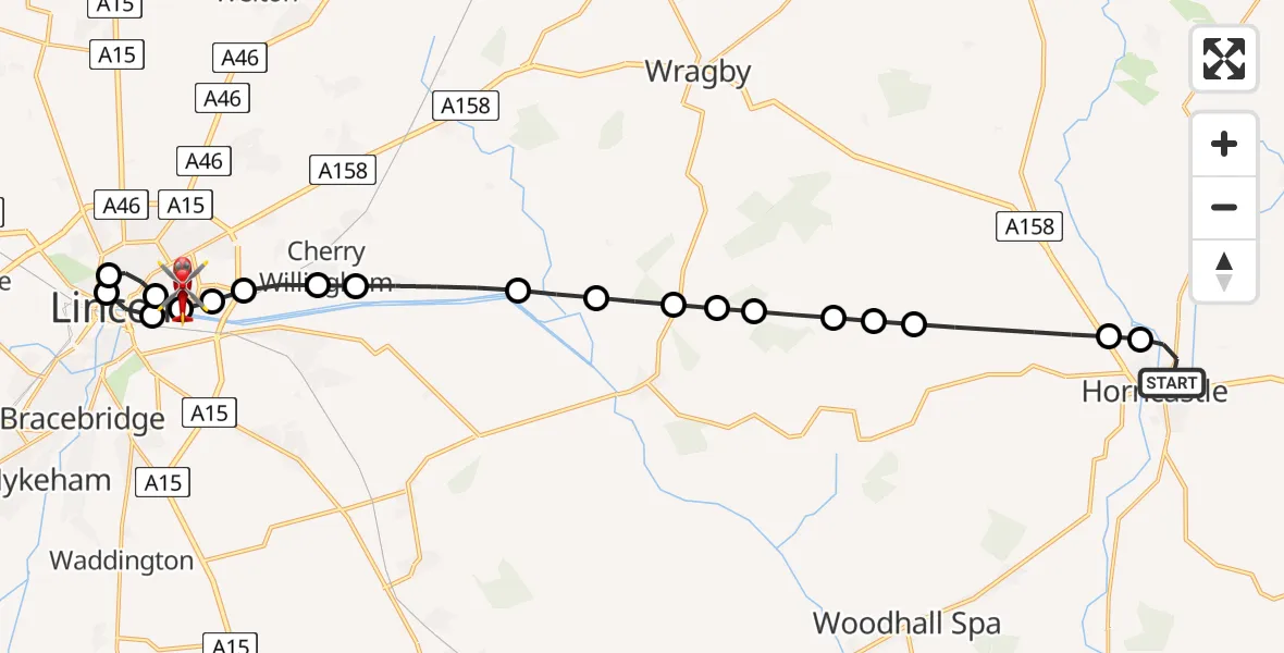 Flight route Air Ambulance Helicopter Horncastle - Bracebridge, 13 July 2026, 13:30