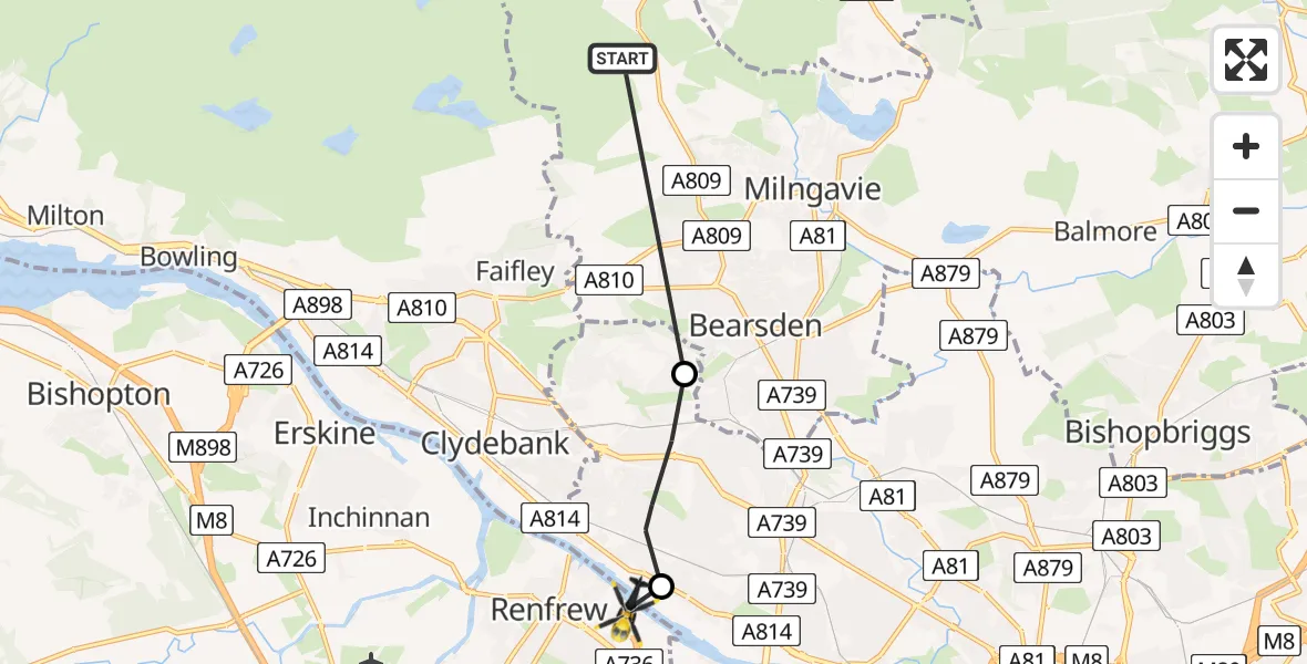 Flight route Police Helicopter Milngavie - Renfrew, 13 July 2026, 13:36