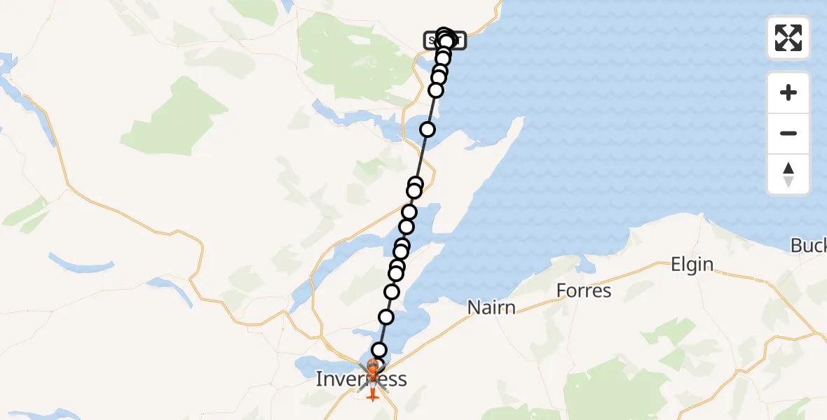 Flight route Coastguard Helicopter Golspie - Inverness, 13 July 2026, 13:45